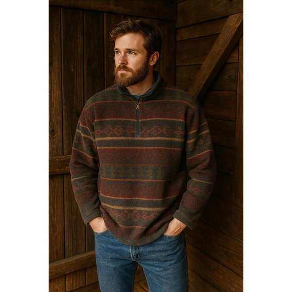 Vintage C&B Sport Southwest Print Fleece 1/4 Zip Jacket Size L Cabin Cozy 90s - Picture 1 of 9